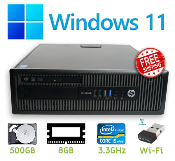 Windows 11 Pro Desktop Computer, HP 800 PC, 3.30GHz i5, 500GB HDD, 8GB, WiFi