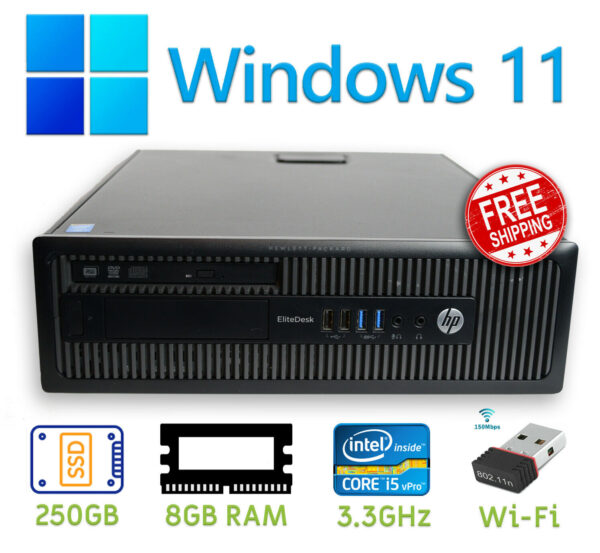 Windows 11 Pro Desktop Computer: HP 800 PC, 3.30GHz i5, 250GB SSD, 8GB RAM, DVD