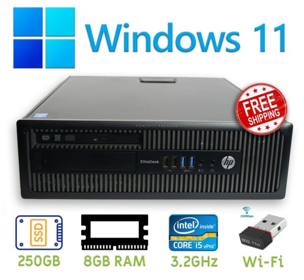 Windows 11 Pro Desktop Computer: HP 800 PC, 3.20GHz i5, 250GB SSD, 8GB RAM, DVD